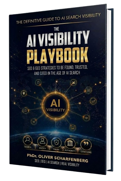 3D-rendered book cover titled 'The AI Visibility Playbook' with a glowing AI visibility graphic and network icons, dark blue background, subtitle and author name faint at the bottom.